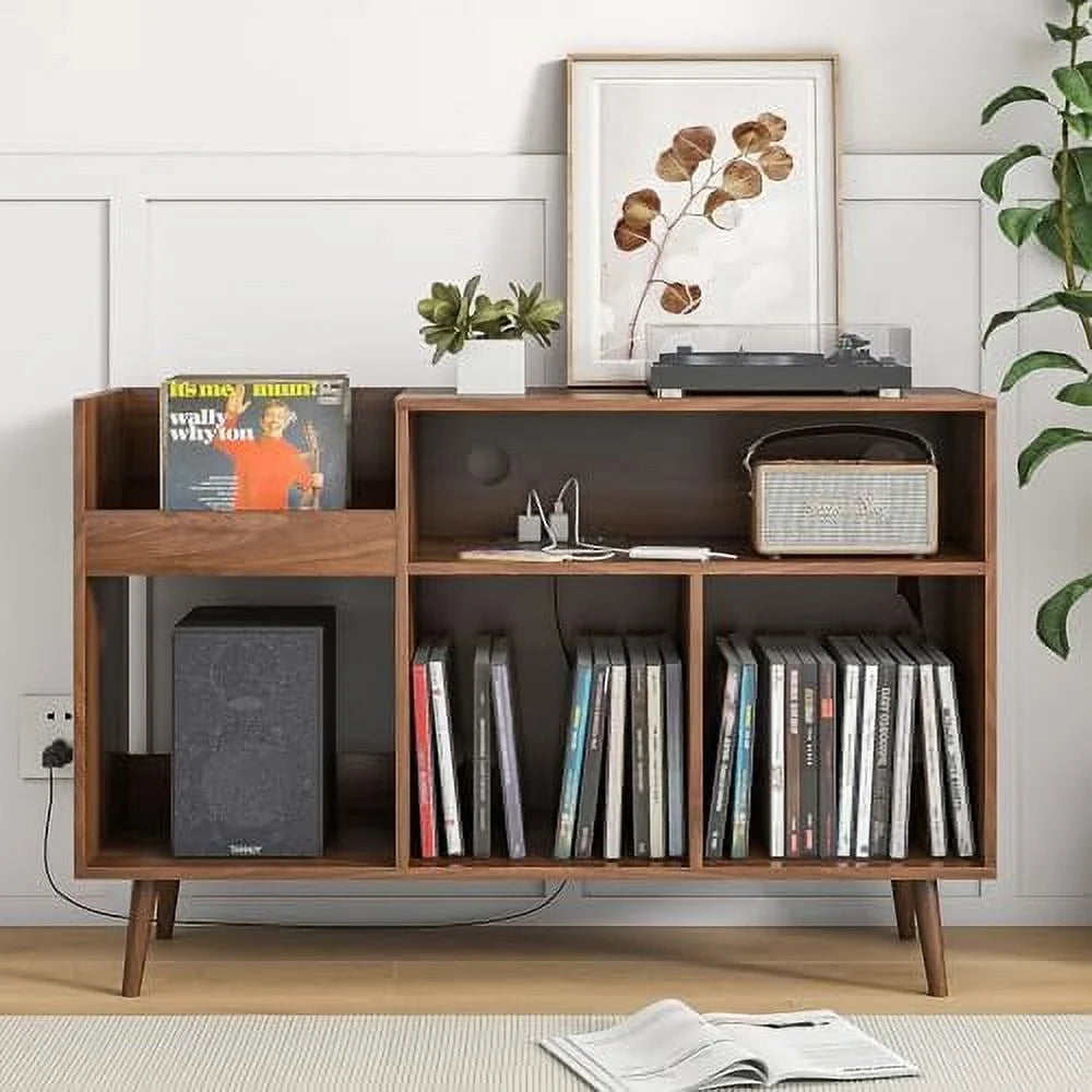 Mid-Century Record Player Stand with Vinyl Record Cabinet and Power Outlet K957669