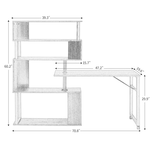 Brown L Shaped Computer Desk with Bookshelf and Lockable Casters B2864