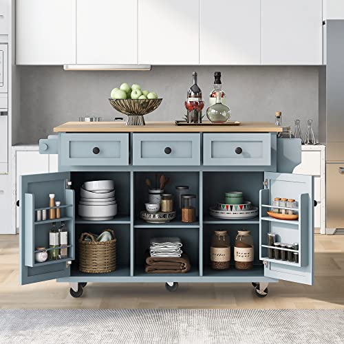 Large Kitchen Island with 2 Drop Leaf, Rolling Kitchen Cart on 5 Wheels with Power Outlet, Folding Storage Dining Table with Spice & Towel Rack, 3 Drawers Z238980