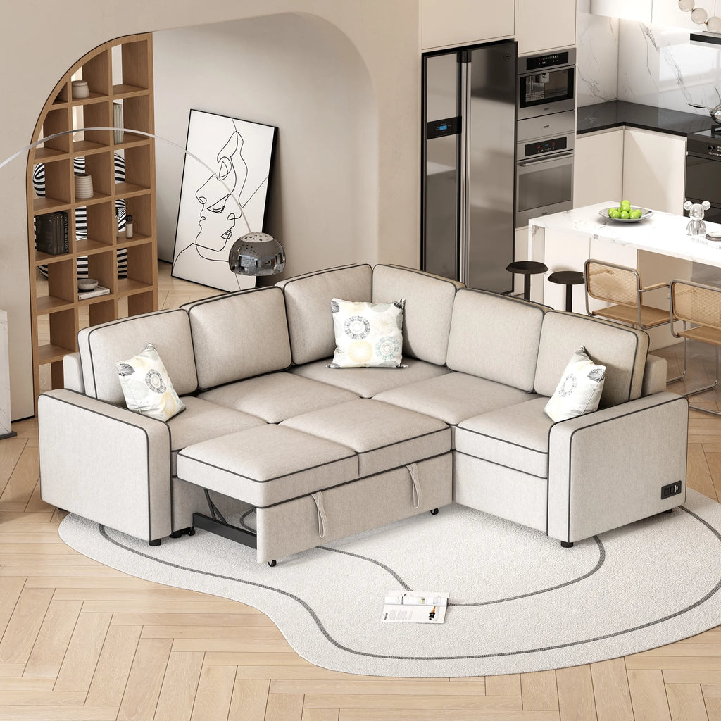 5 Seat L-Shaped Pull Out Sofa Bed with USB Ports, Cream D59172
