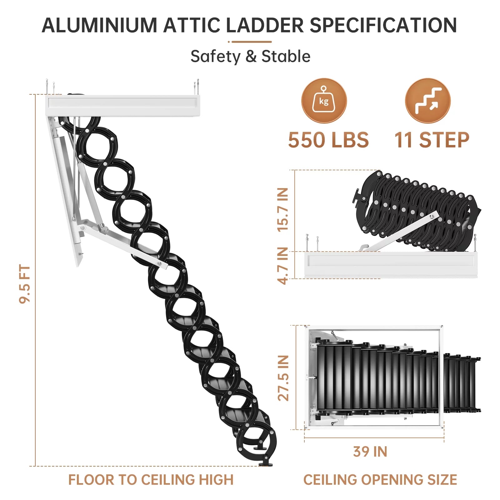 11 Steps Electric Aluminum Folding Ceiling Ladder with Remote N4541