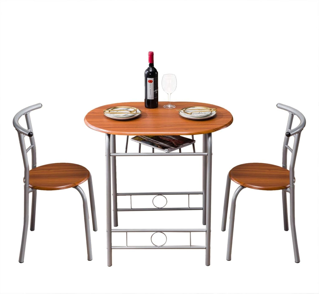3-Piece Small Round Dining Table with Wine Storage Rack, Wood, Metal Frame, Brown Q969