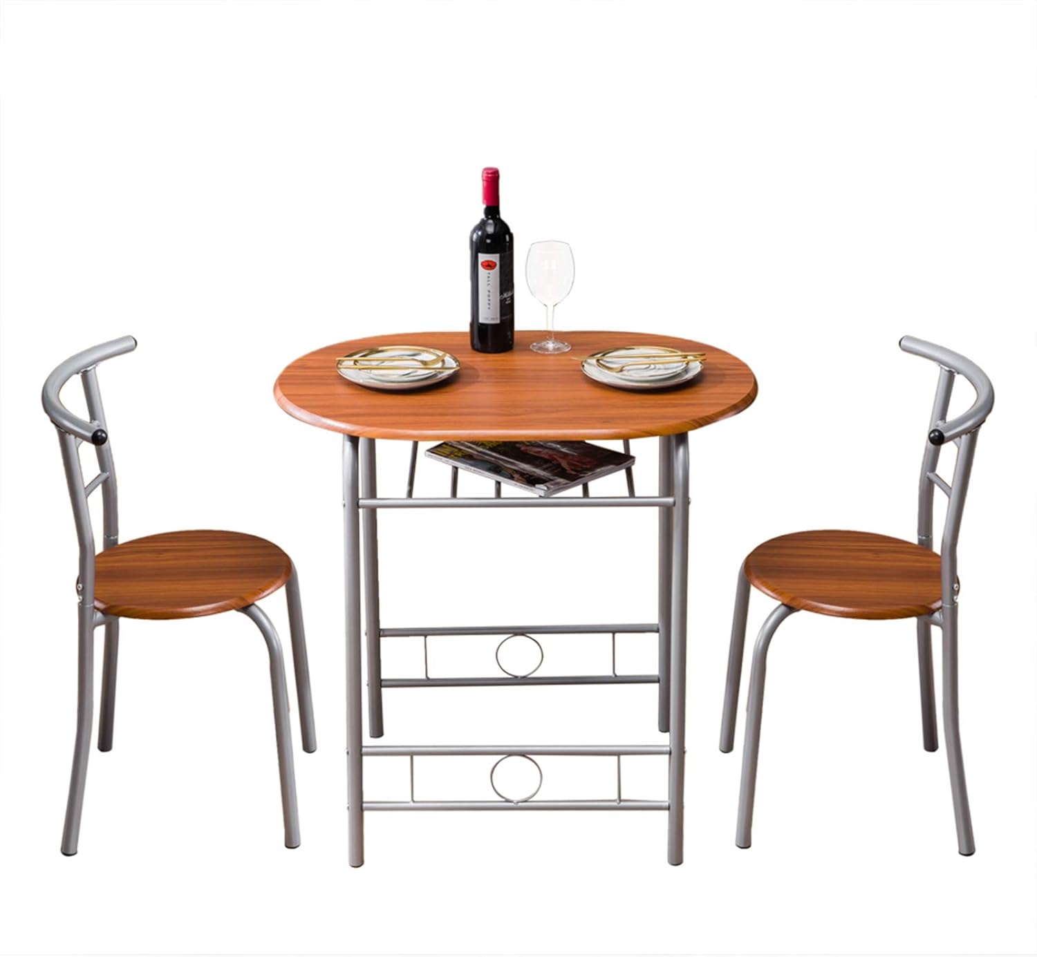 3-Piece Small Round Dining Table with Wine Storage Rack, Wood, Metal Frame, Brown Q969