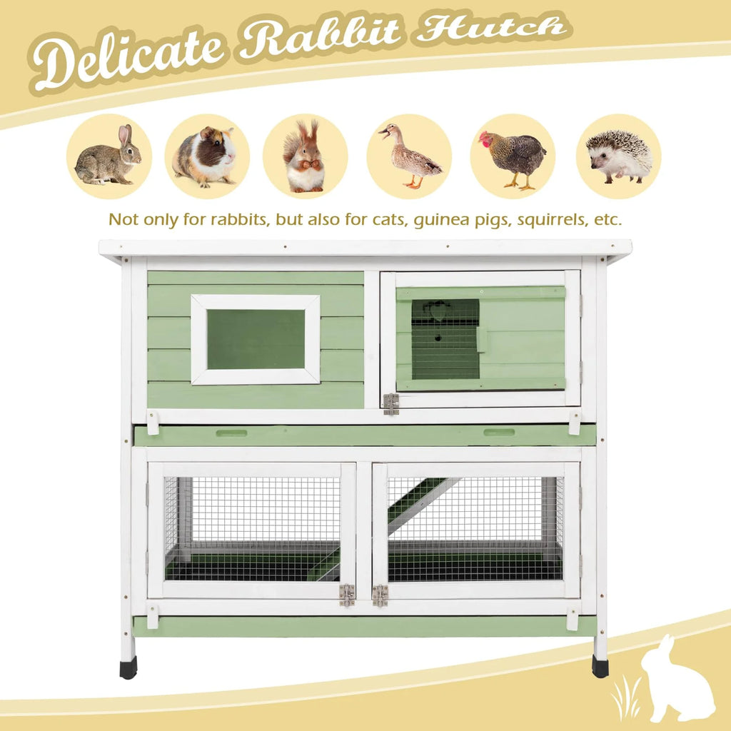 Green Two Story Rabbit Hutch with Wheels A537369