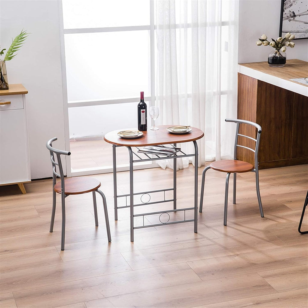 3-Piece Small Round Dining Table with Wine Storage Rack, Wood, Metal Frame, Brown Q969