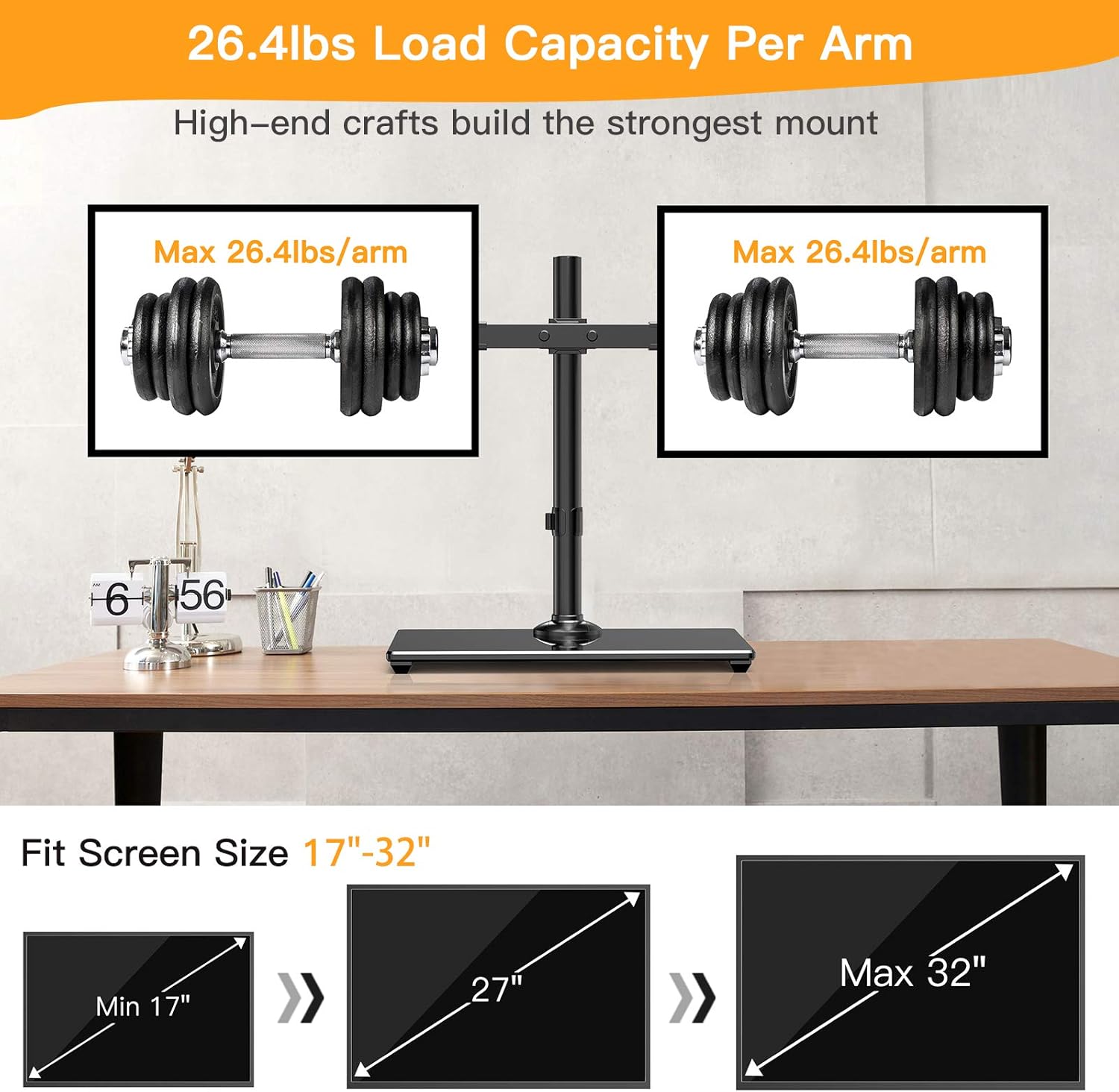Dual Monitor Stand with Glass Base, Height Adjustable Two Arm Monitor Mount, Heavy Duty, Pack of 2 I8023