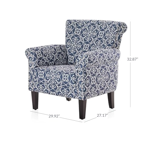 Upholstered Wingback Accent Chair, Fabric Armchair, Nailhead Trim High Back Patterned Corner Chair, Navy Blue/White E4944