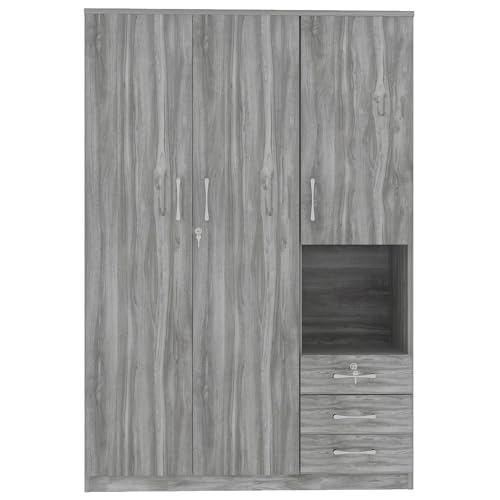 Grey 3 Door Wooden Wardrobe Closet with Drawers and Hanging Rail X2355