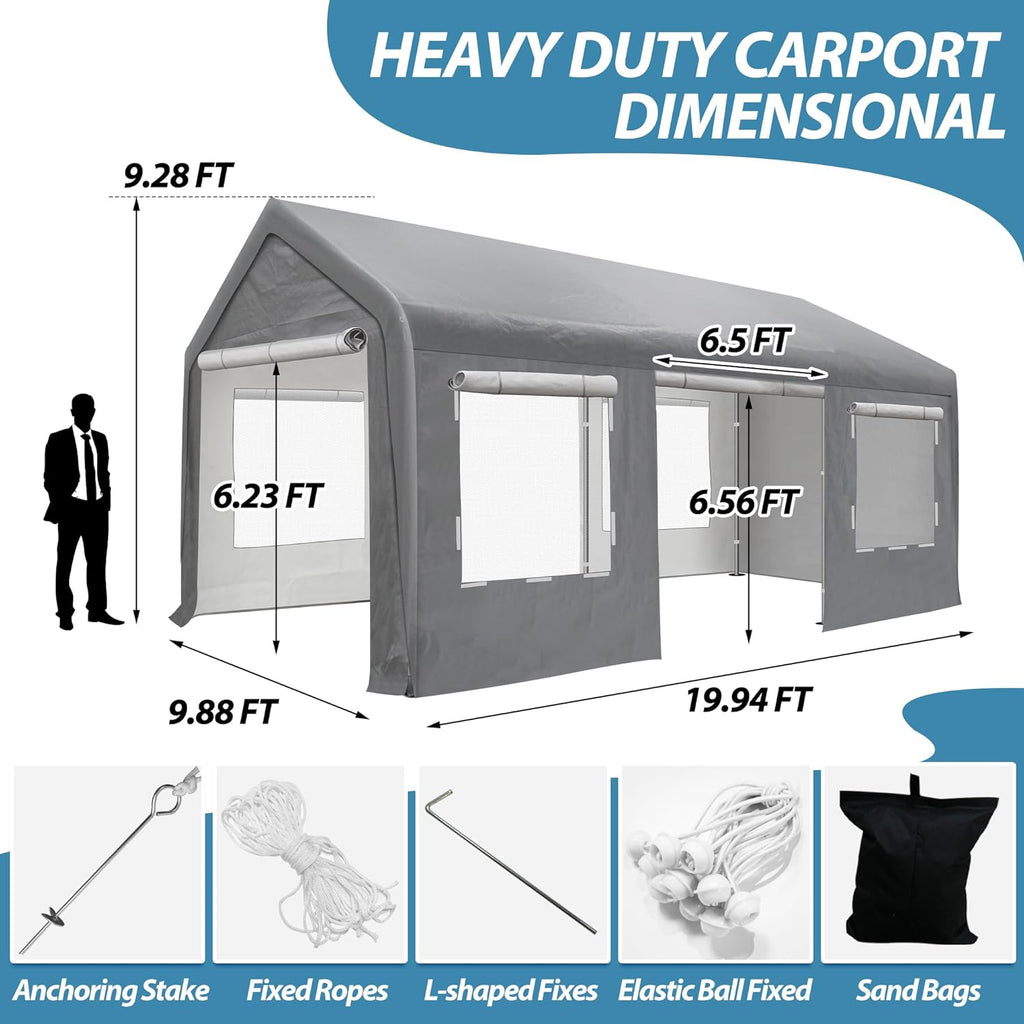10'x20' Portable Carport Garage with Roll-up Doors and Windows M6214