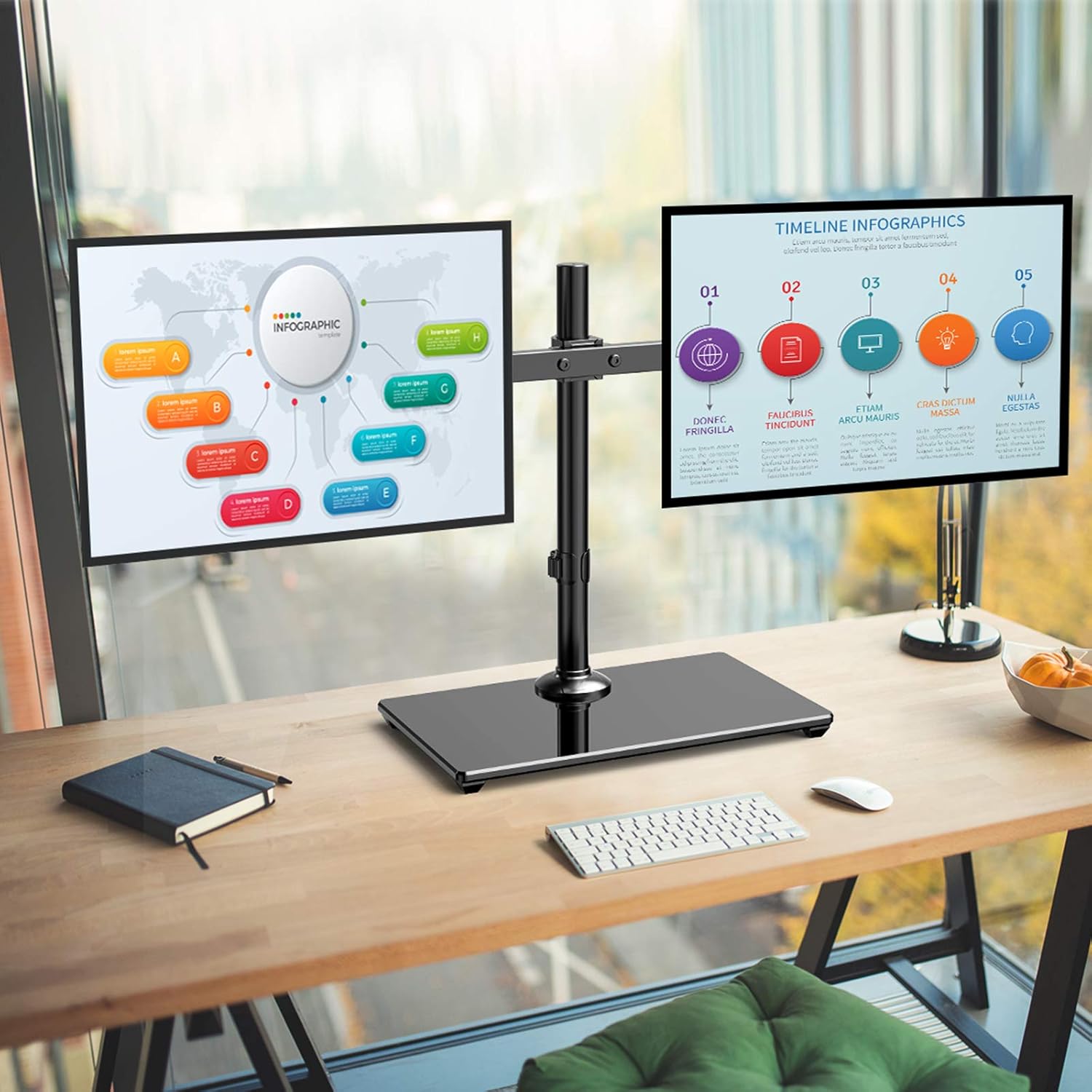 Dual Monitor Stand with Glass Base, Height Adjustable Two Arm Monitor Mount, Heavy Duty, Pack of 2 I8023