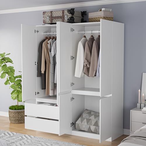 White 4 Door 2 Drawers Wooden Armoire Wardrobe with Shelves and Hanging Rod E242441