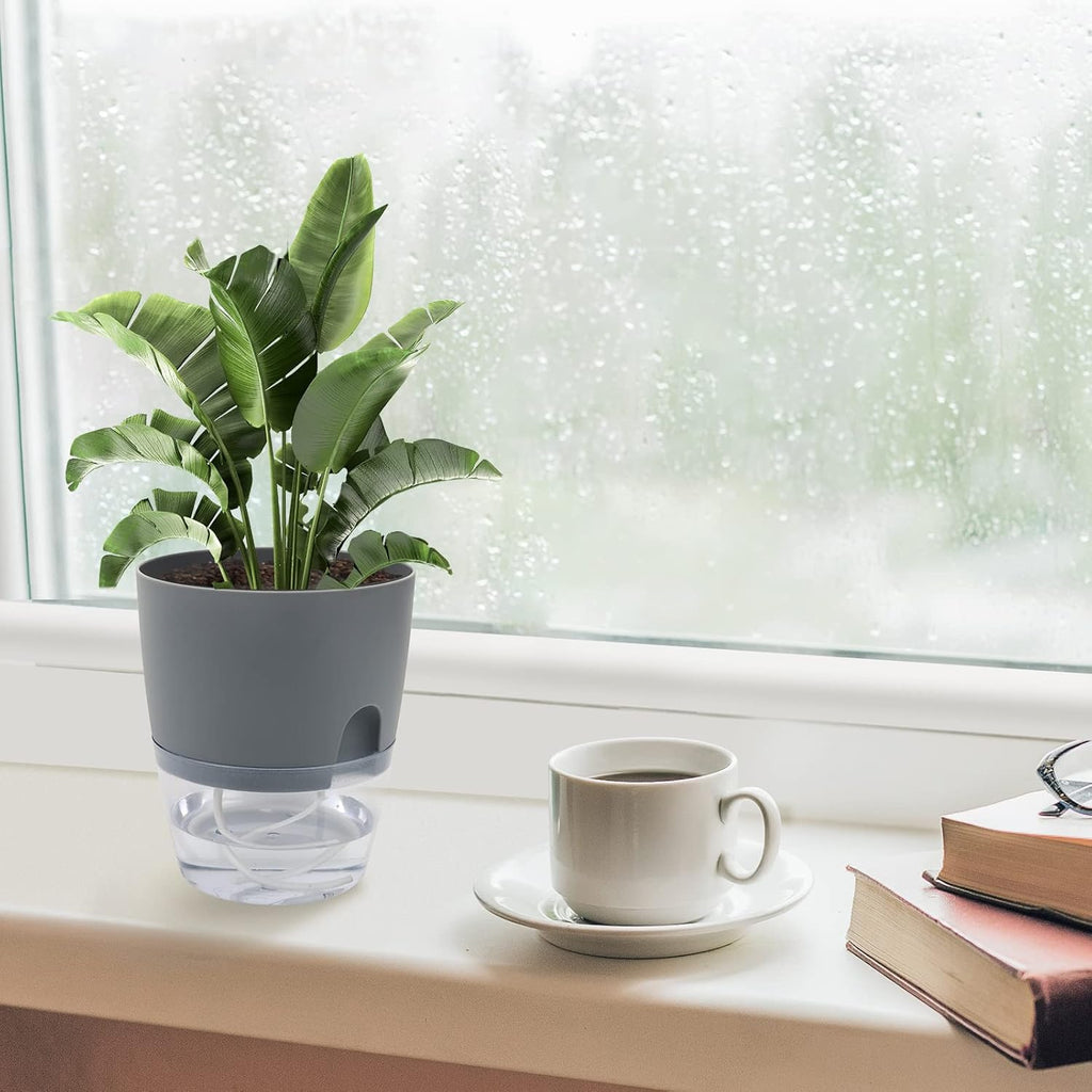 6 Pack Grey Plastic Self Watering Plant Pot G10105