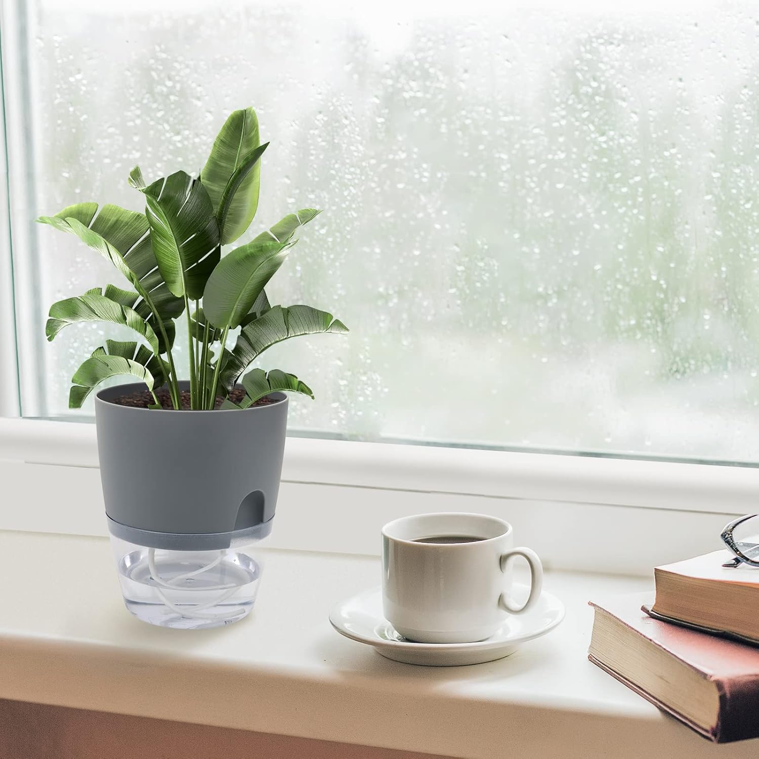 6 Pack Grey Plastic Self Watering Plant Pot G10105