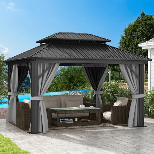 10x12ft Hardtop Gazebo with Nettings and Curtains, Galvanized Steel, Brown Q327860