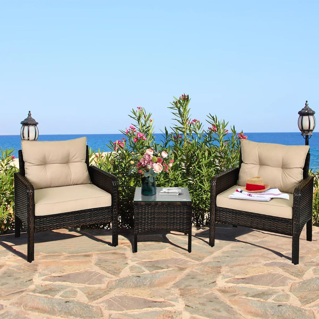 Brown 3PCS Patio Outdoor Rattan Furniture Set with Cushioned Chairs Coffee Table Q873