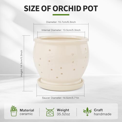 6.3" Ceramic Orchid Pots with Holes Crackle Glazed with Drainage and Separate Saucer White N7950