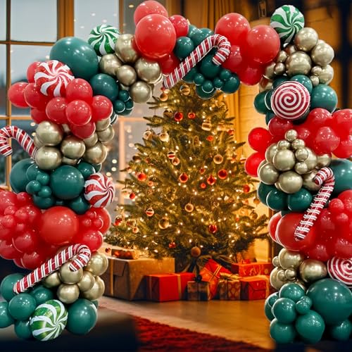 Red Green Gold Candy Cane Foil Balloon Garland Arch Kit Y7351