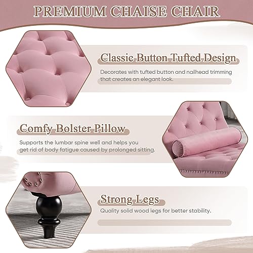 Pink Velvet Button Tufted Chaise Lounge Chair with Lumbar Pillow S7115