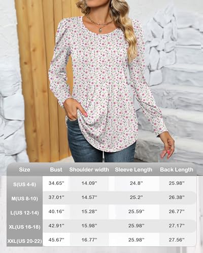 Puff Long Sleeve Tunic Tops Pleated Crew Neck Blouses Y56045