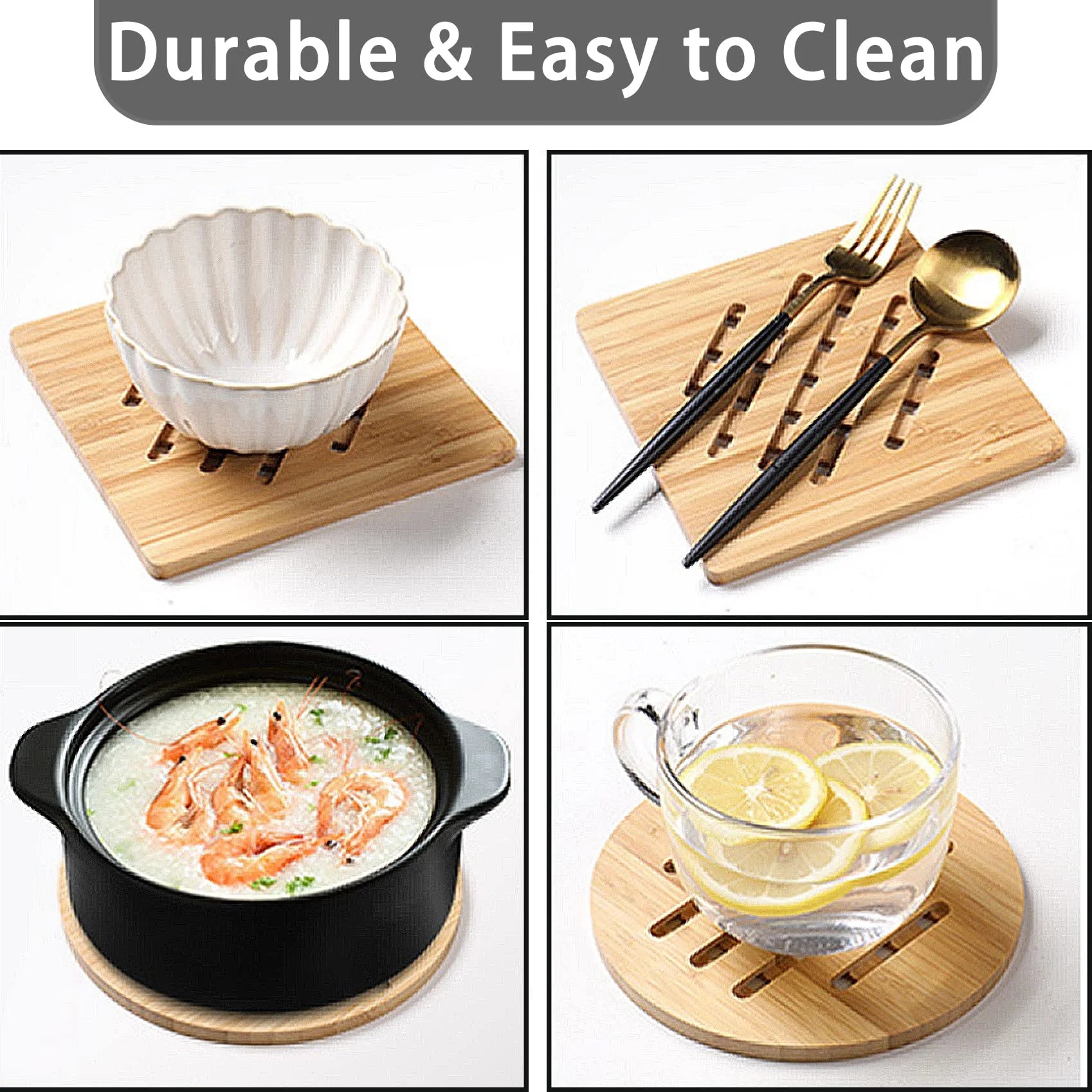 8 Pack Natural Bamboo Trivet Mat Set with 2 Holders Z61238