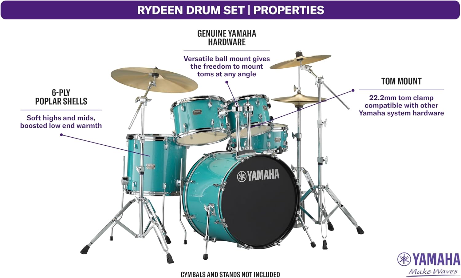 5-Piece Drum Set with 22" Bass Drum, Floor Tom, 2 Toms, Wood Snare Drum, Turquoise Glitter P766