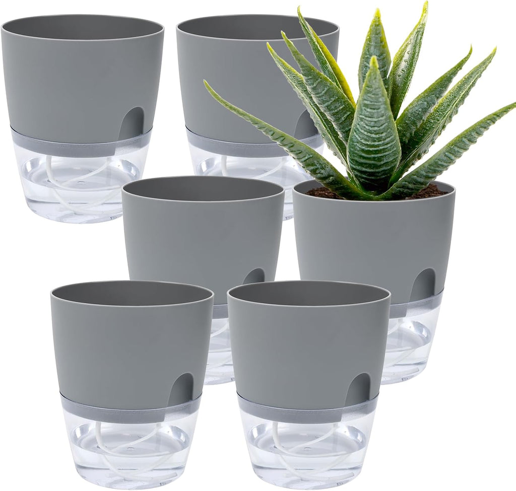 6 Pack Grey Plastic Self Watering Plant Pot G10105