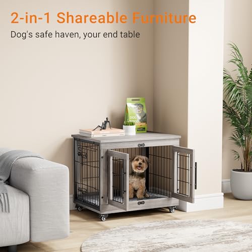 Grey Wooden Dog Crate 32'' with Cushion & Wheels Double Doors Q8314