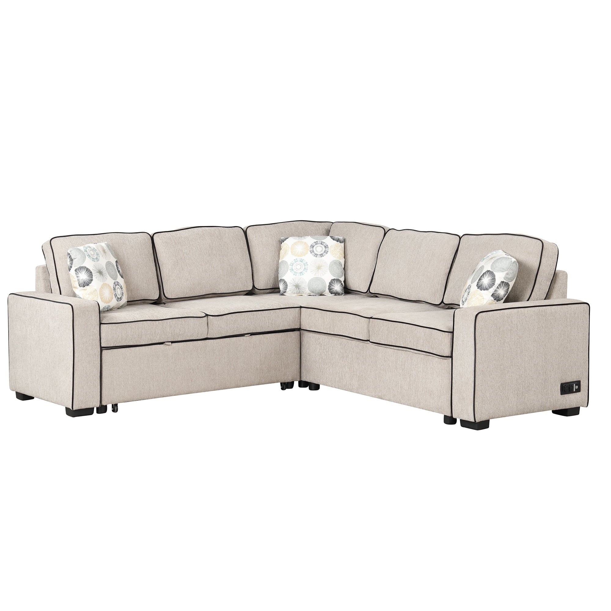 5 Seat L-Shaped Pull Out Sofa Bed with USB Ports, Cream D59172