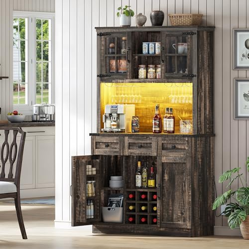 72" Dark Rustic Oak Coffee Bar Cabinet with Storage Shelves and 3 Drawers C98368