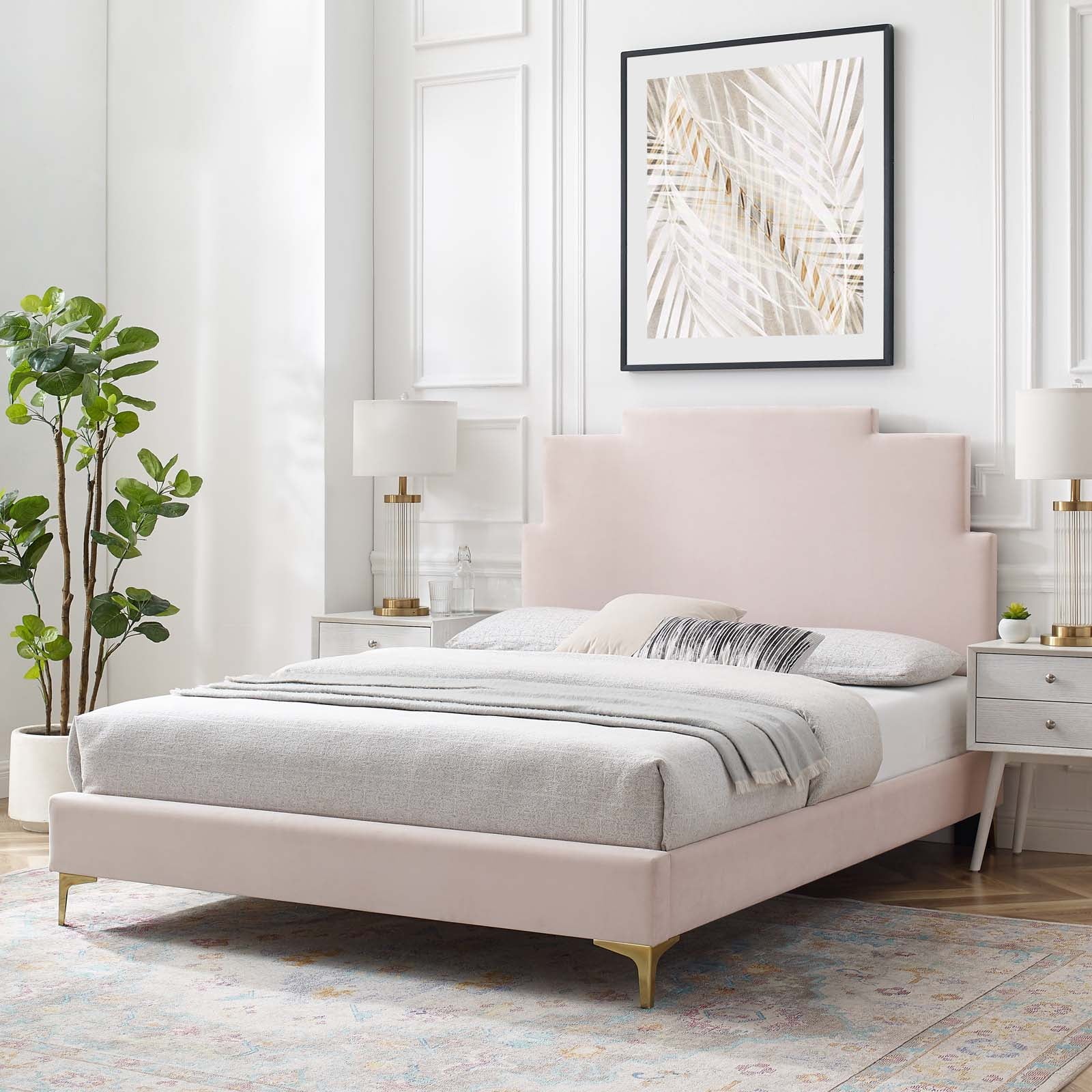 Queen Size Velvet Pink Platform Bed Frame Q8502