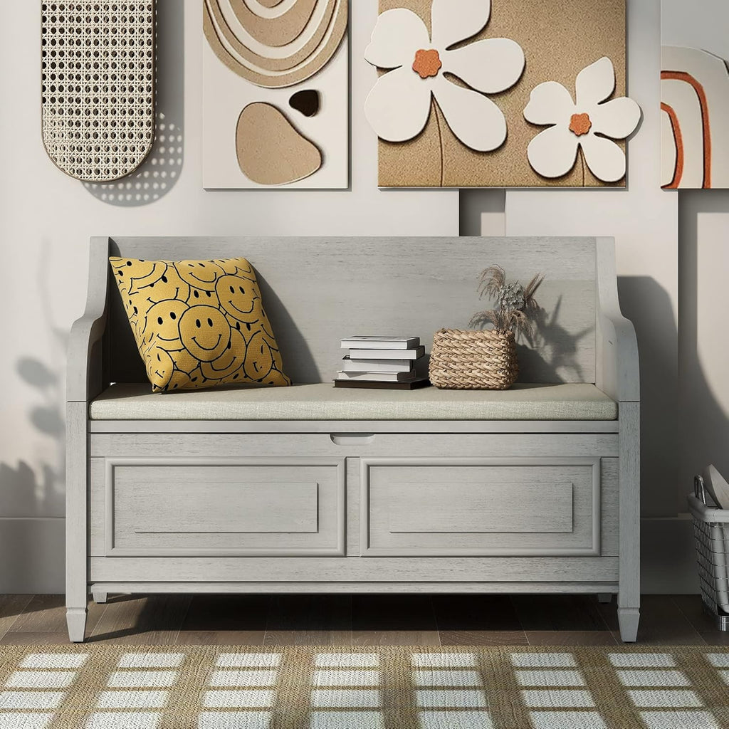 Rustic Storage Bench with Backrest and Hidden Storage, Gray Wash+Beige I28424