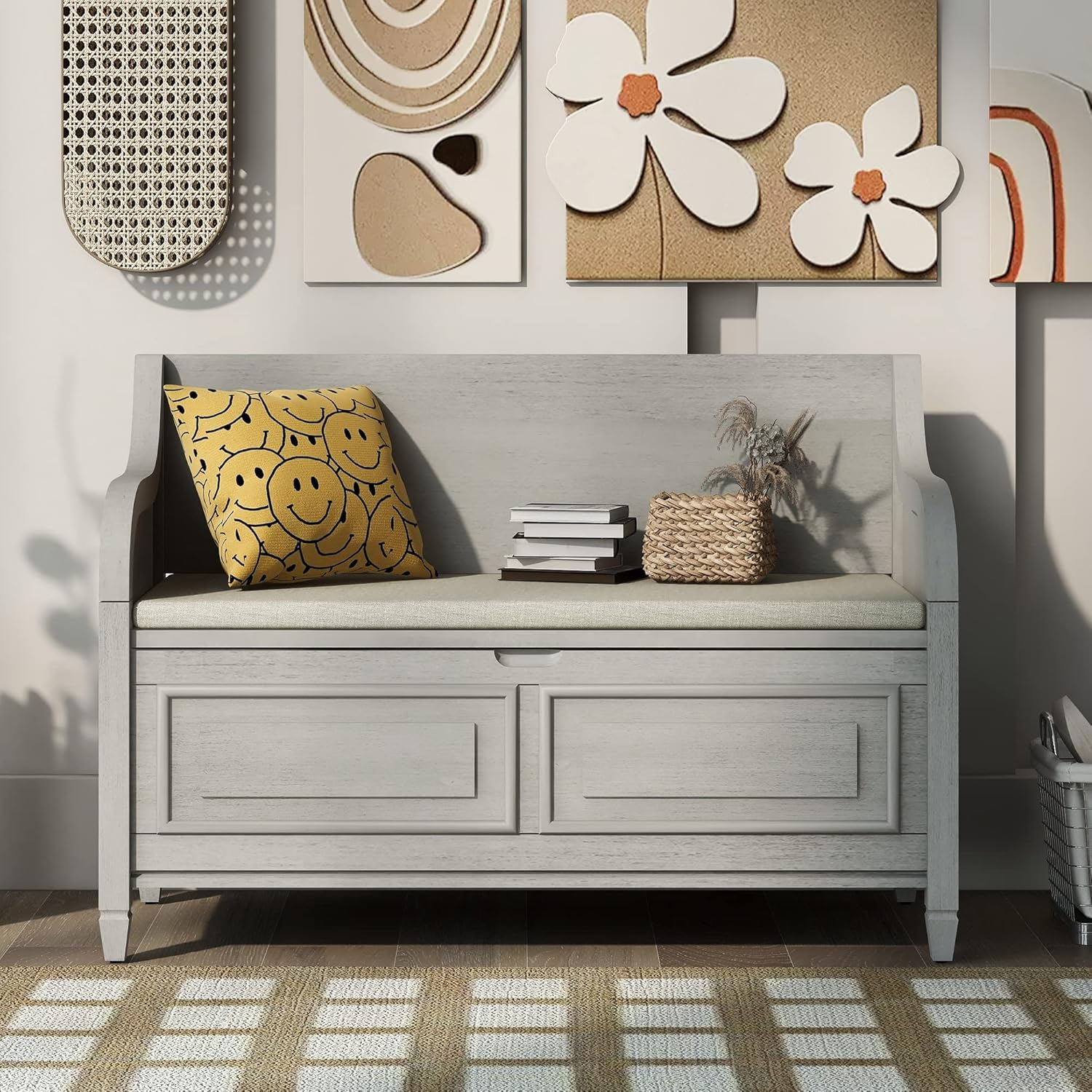 Rustic Storage Bench with Backrest and Hidden Storage, Gray Wash+Beige I28424