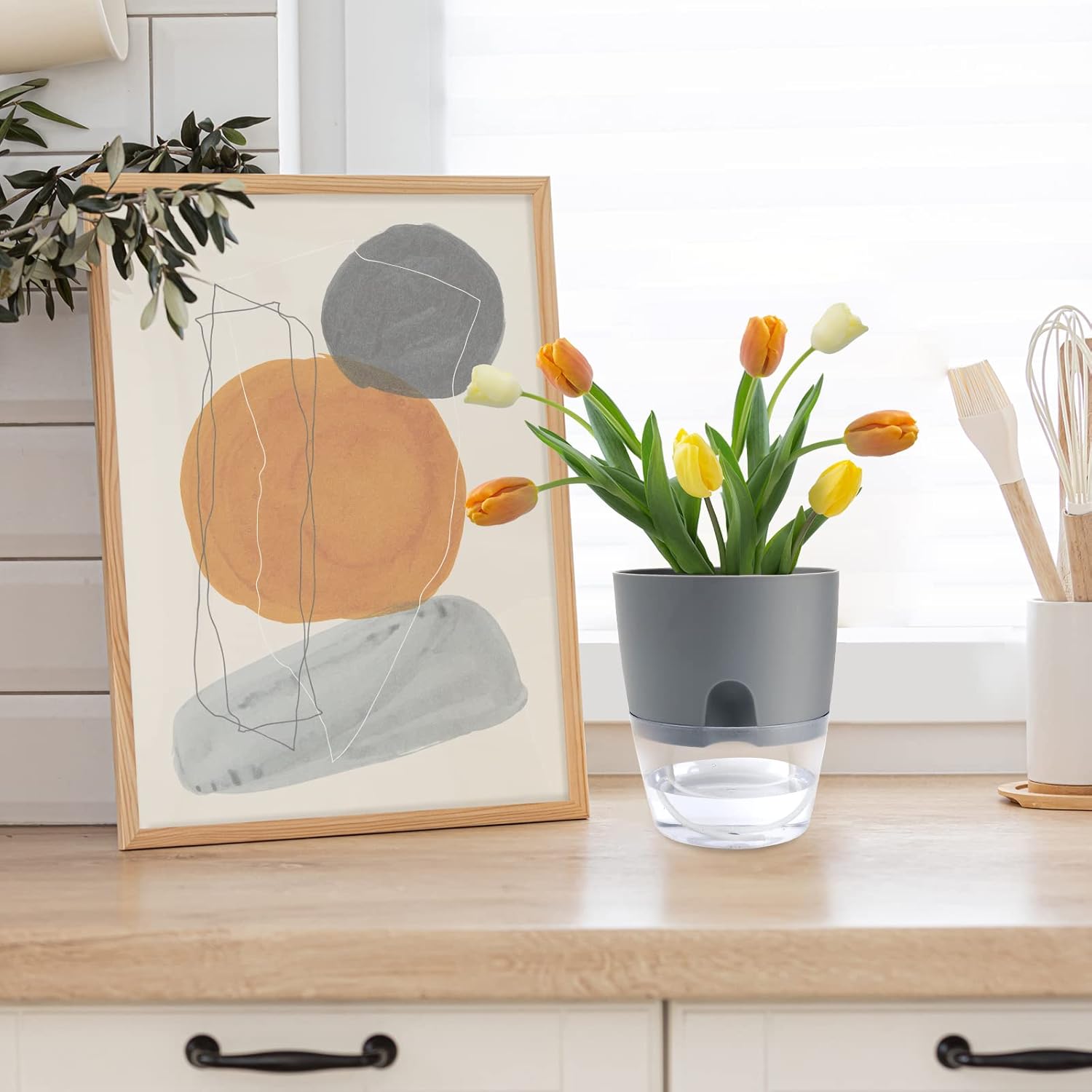 6 Pack Grey Plastic Self Watering Plant Pot G10105