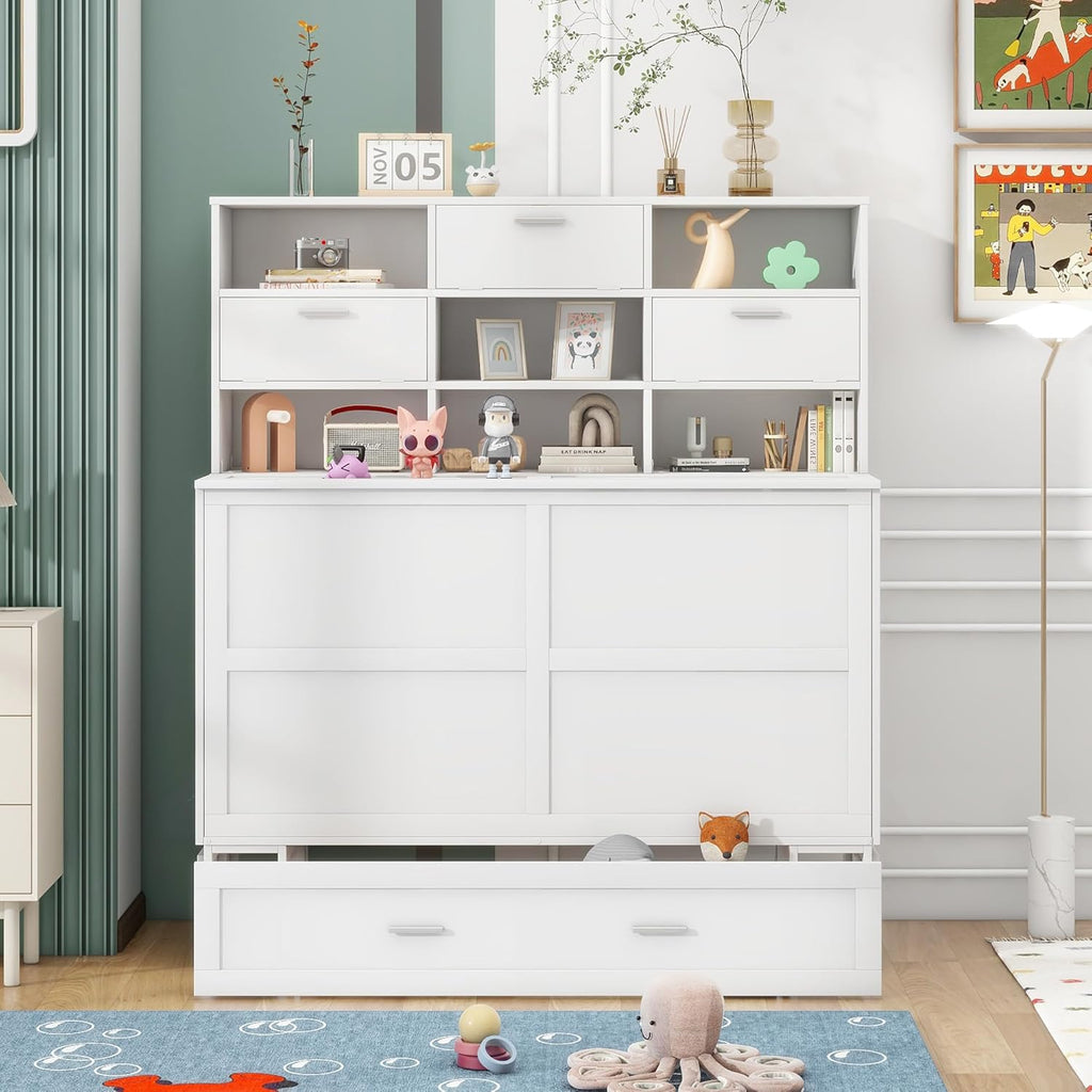White Queen Size Murphy Bed with Bookcase and Drawer I61642