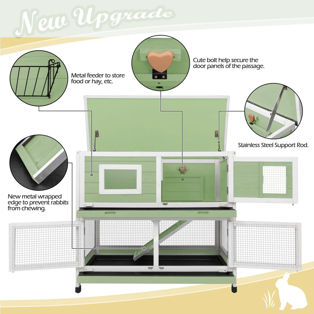 Green Two Story Rabbit Hutch with Wheels A537369
