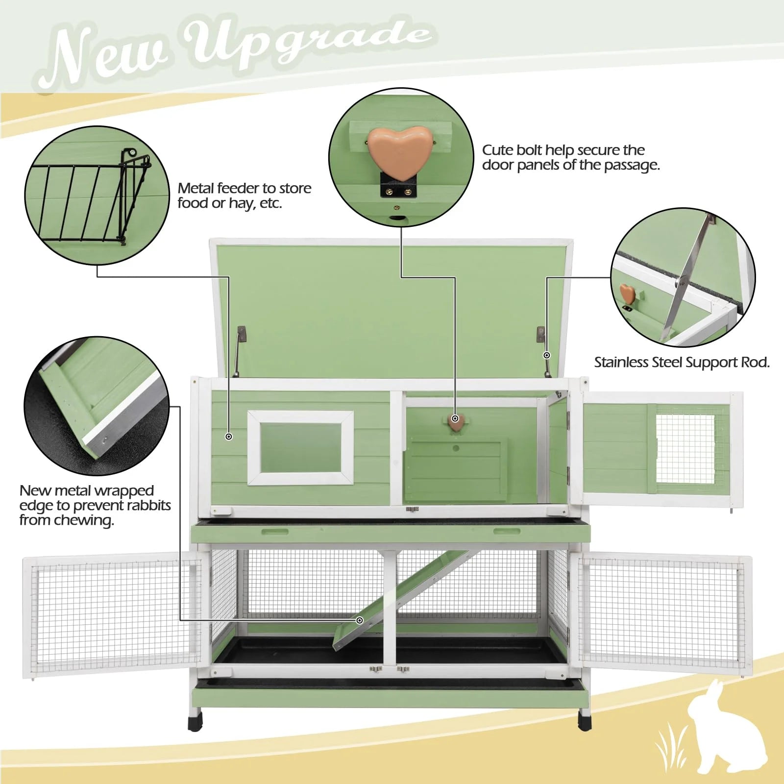 Green Two Story Rabbit Hutch with Wheels A537369