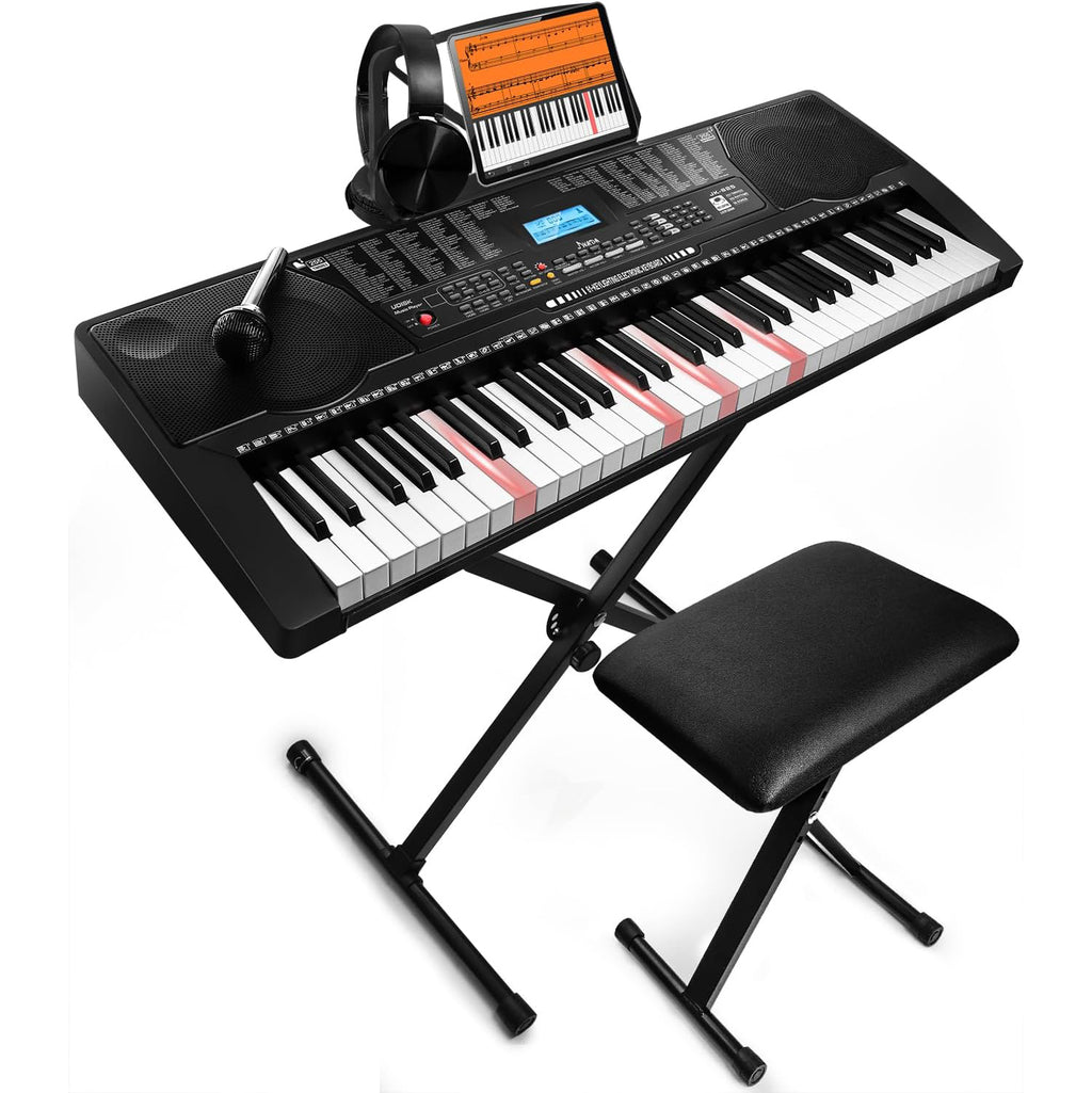 61 Key Portable Electronic Keyboard Piano with Lighted Full Size Keys, LCD, Headphones, X-Stand, Stool, Music Rest, Microphone, Note Stickers, Built-In Speakers, 3 Teaching Modes S6767