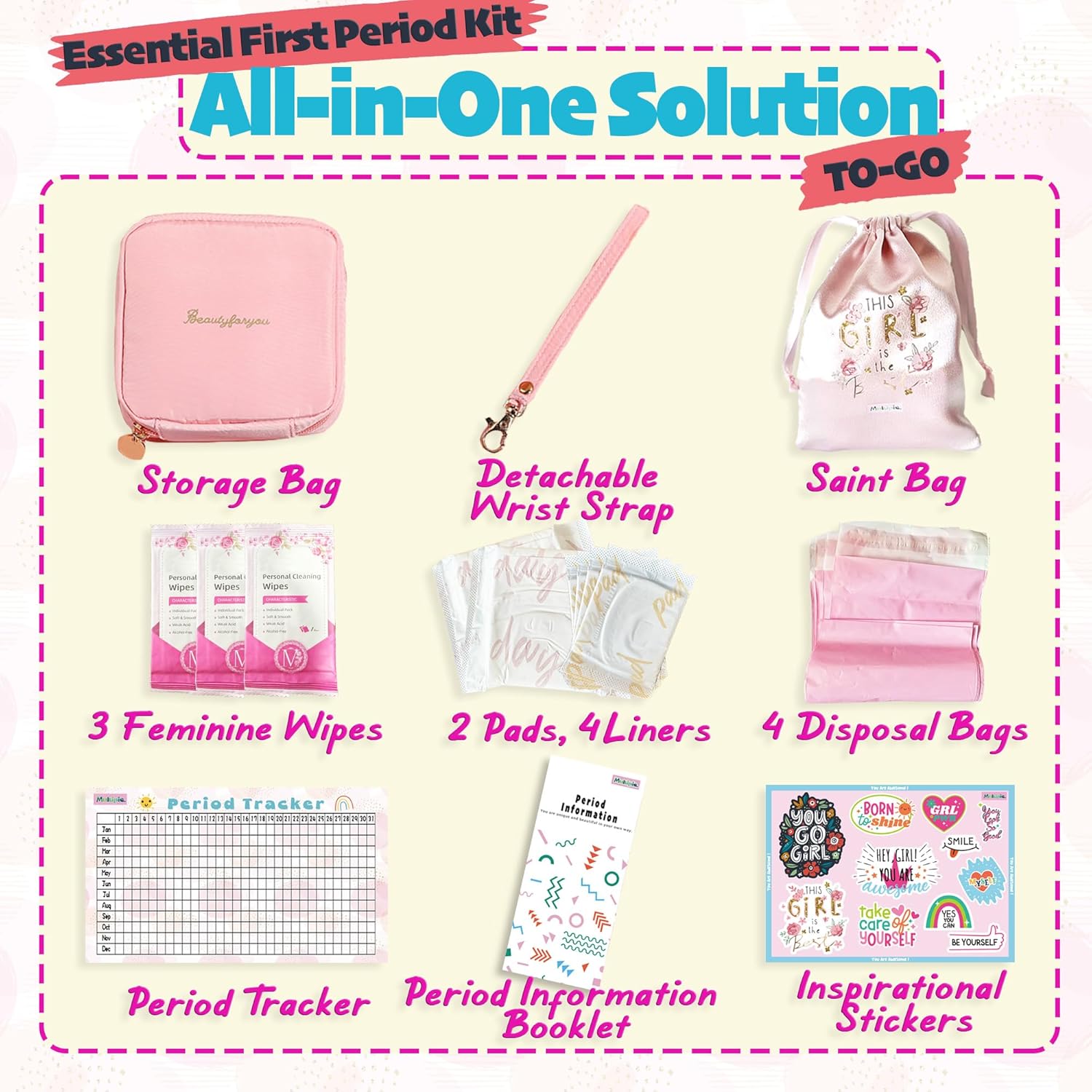 First Period Kit with Sanitary Pad Storage Bag, Wipes, Period Tracker M9410