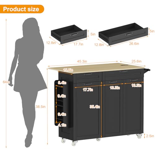 Rolling Kitchen Island with Power Outlet & Drop Leaf, Trash Storage Cabinet, Spice Rack & Towel Rack, Knife Holder Y445764