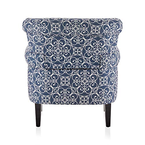 Upholstered Wingback Accent Chair, Fabric Armchair, Nailhead Trim High Back Patterned Corner Chair, Navy Blue/White E4944