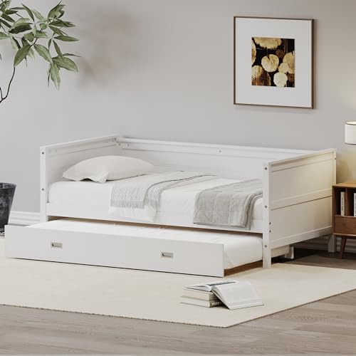 White Solid Wood Twin Size Daybed with Trundle K391048