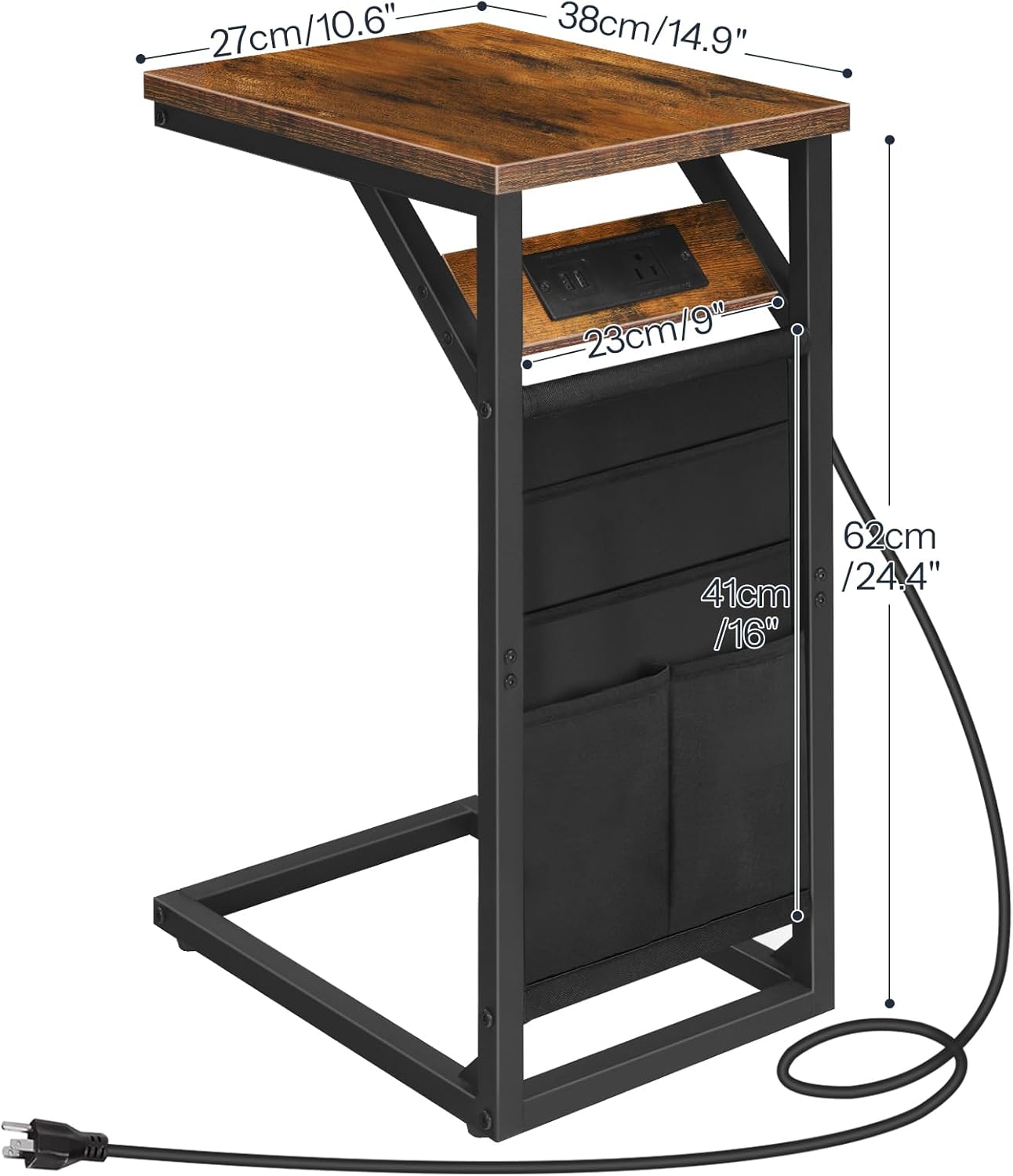 Rustic Brown and Black C-Shaped End Table with Charging Station and Storage Bag J35865