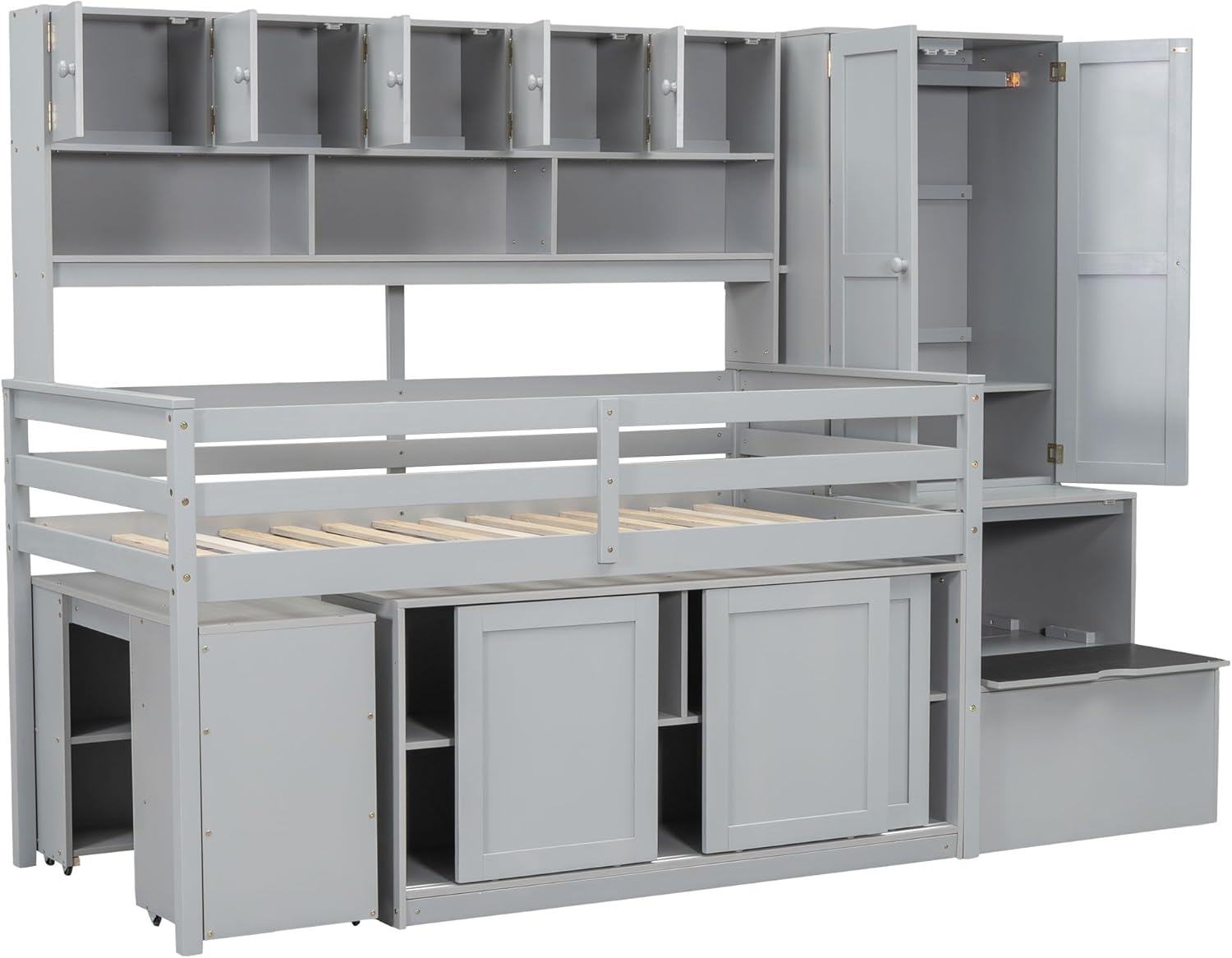 Gray Twin Size Loft Bed with Removable Desk Storage Stairs Wardrobe Eight Top Shelves Two Sliding Door Cabinets W385