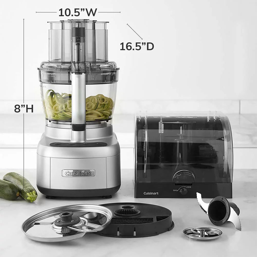 13-Cup Food Processor with Spiralizer and Dicer, Silver Bundle with 12 Piece Cutlery Set, Kitchen Timer and Red Oven Mitt K9483