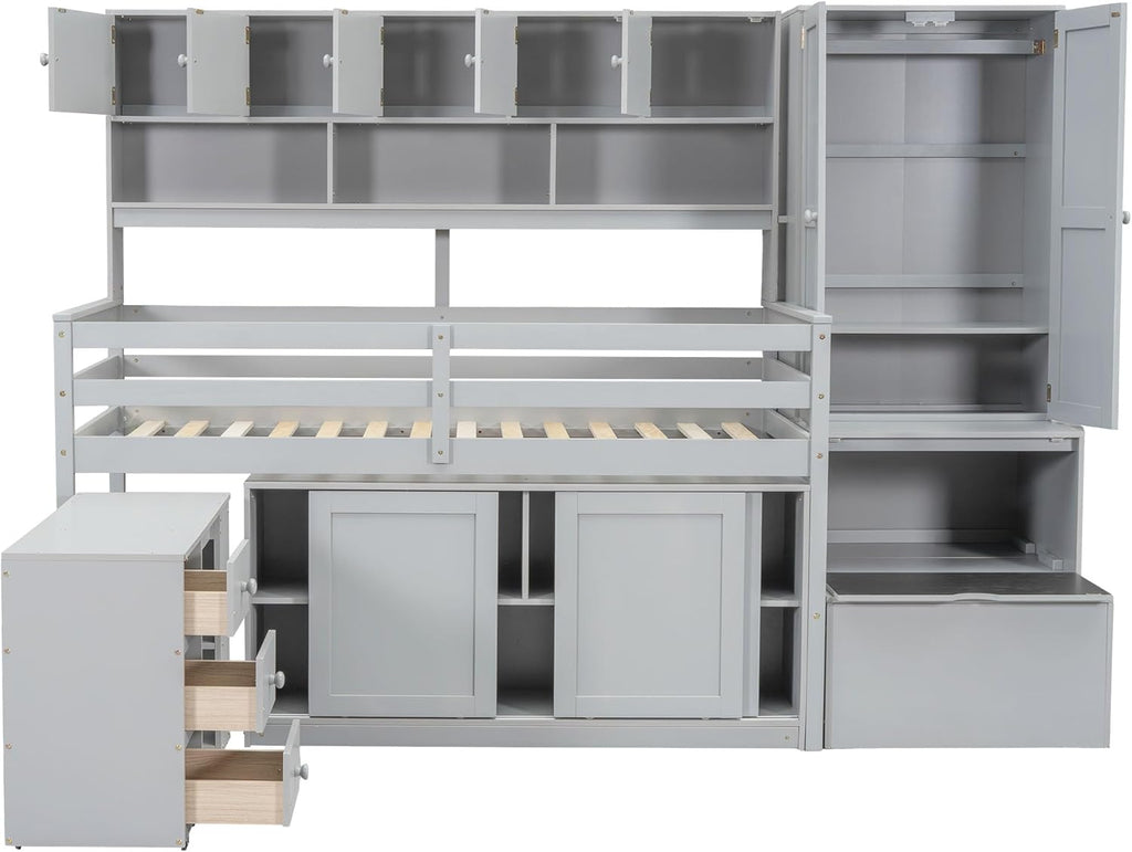 Gray Twin Size Loft Bed with Removable Desk Storage Stairs Wardrobe Eight Top Shelves Two Sliding Door Cabinets W385