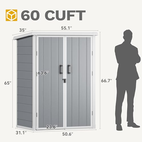 60 Cuft Outdoor Tall Storage Shed with 2 Shelves, Weatherproof Vertical Tool Shed with Floor & Lockable Doors, Double-Wall Plastic Cabinet (Gray) J68129