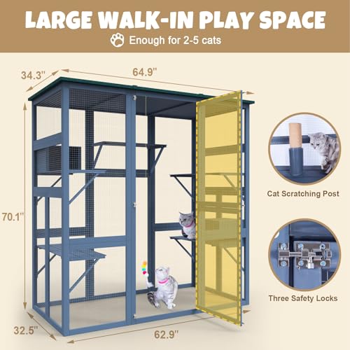 Large Walk in Cat Cage with Waterproof Roof, 5 Platforms, 2 Resting Box, Cat Scratching Post T107