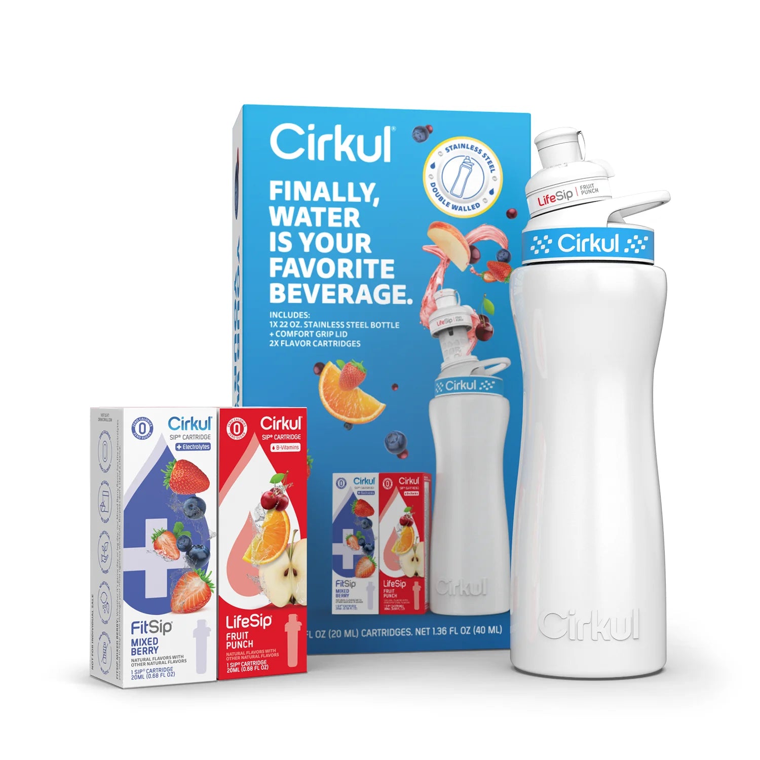 22oz White Stainless Steel Water Bottle Starter Kit with Blue Lid and 2 Flavor Cartridges W67559