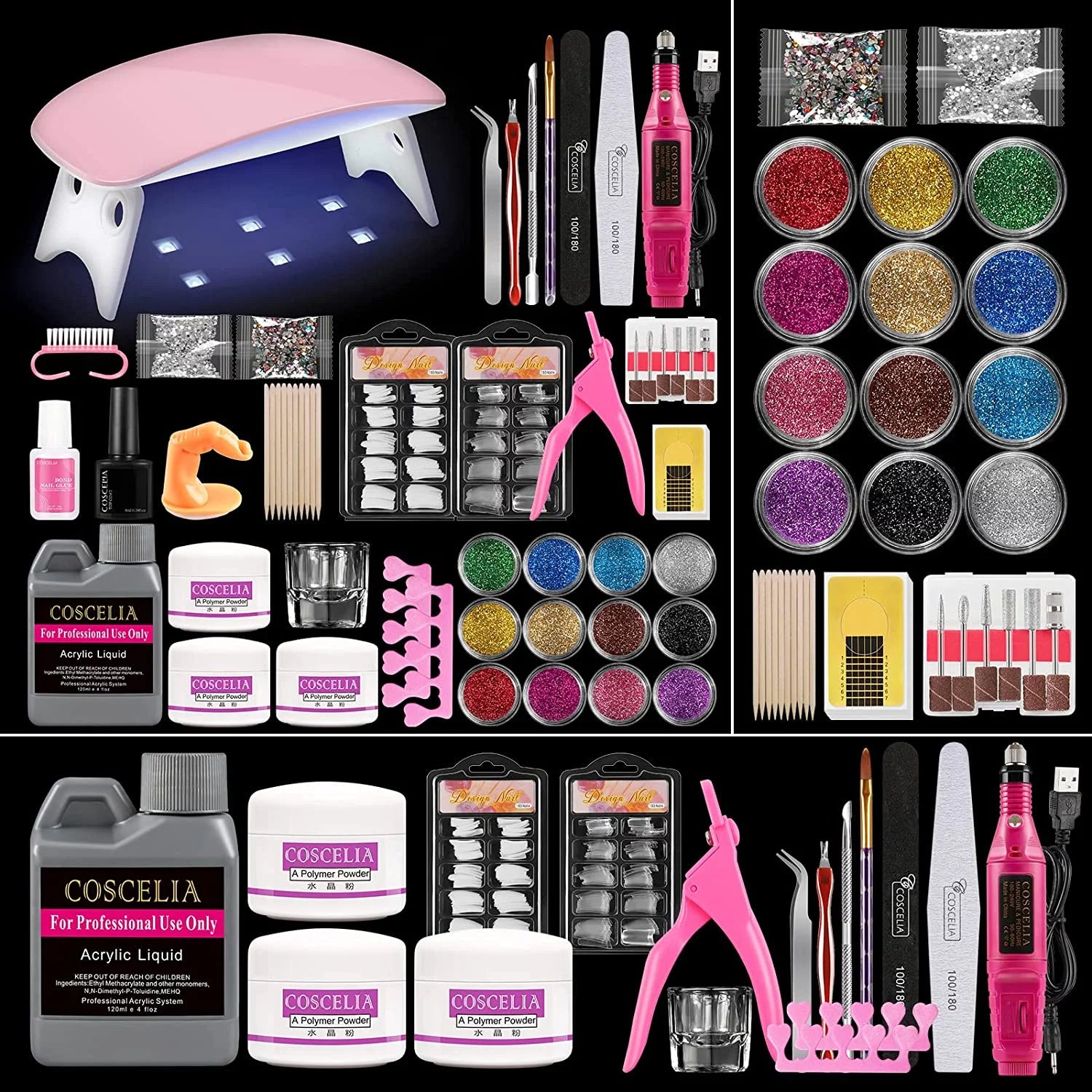 Acrylic Nail Kit with UV Light Nail Drill 3 Basic Color MMA Liquid Set D621900