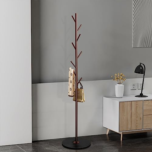 White Metal Coat Rack Stand with Marble Base and 8 Wooden Hooks W8781